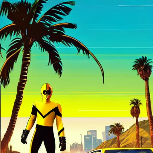 Image similar to yellow ranger in gta v cover art los santos in background, palm trees in the art style of stephen bliss, 4 k