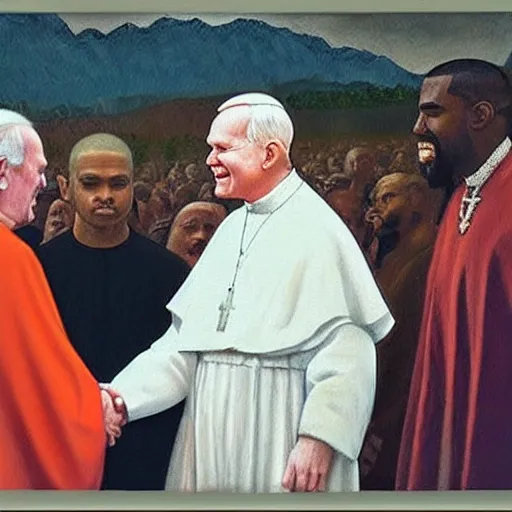 Prompt: a religious painting of john paul ii shaking hands with kanye west