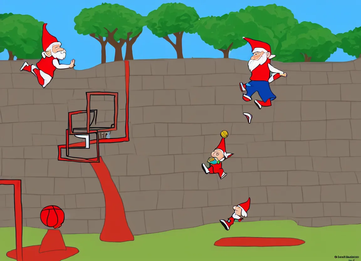 Prompt: gnome dunk jumping over a basketball player cartoon