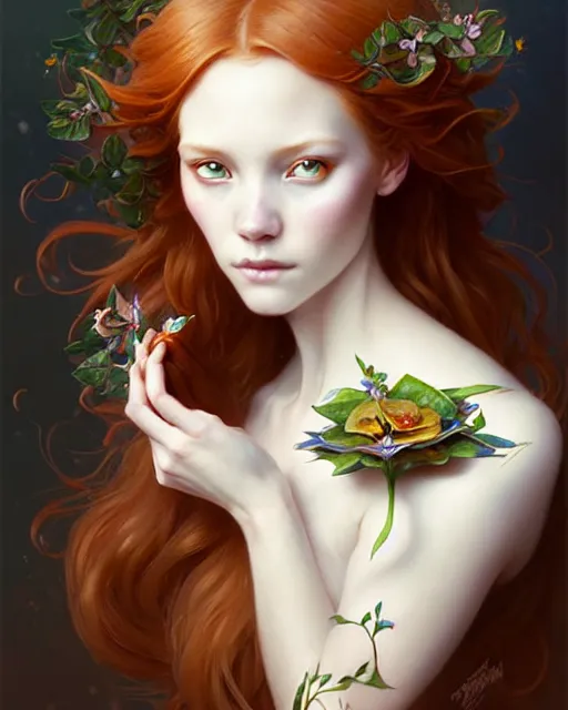 Image similar to Beautiful and playful ethereal ginger portrait having lunch, art nouveau, fantasy, intricate flower designs, elegant, highly detailed, sharp focus, art by Artgerm and Greg Rutkowski and WLOP