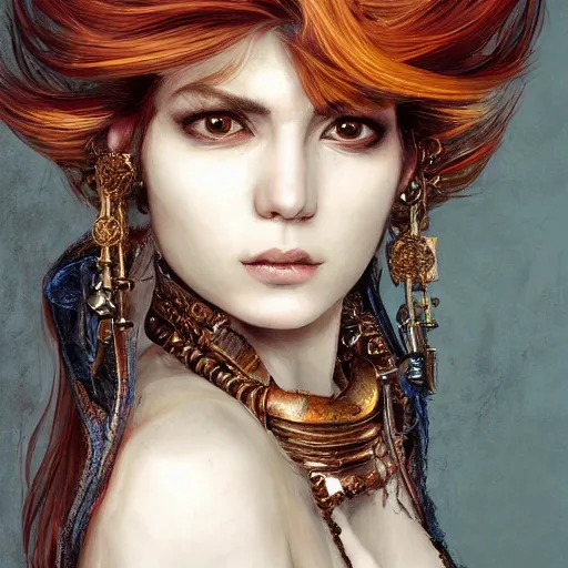 Image similar to portrait, headshot, insanely nice professional hair style, dramatic hair color, digital painting, of a old 17th century, old cyborg merchant, amber jewels, baroque, ornate clothing, scifi, realistic, hyperdetailed, chiaroscuro, concept art, art by Franz Hals and Jon Foster and Ayami Kojima and Amano and Karol Bak,