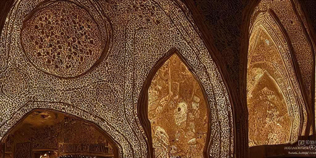 Image similar to an iwan with intricate muqarnas made of glowing obsidian and white marble, beautiful, volumetric lighting, cinematic lighting, golden hour