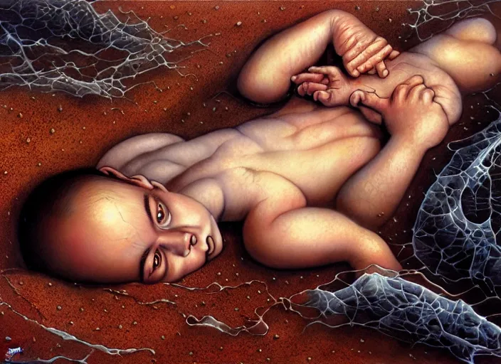 Prompt: realistic detailed image of a small boy laying on a !!hospital bed . in a huge sand desert. a !!thin stream of sand!!! falls from the sky in to eternal eternity doom of outer space. by Ayami Kojima, Amano, Karol Bak, Greg Hildebrandt, and Mark Brooks, Neo-Gothic, gothic, rich deep colors. Beksinski painting, part by Adrian Ghenie and Gerhard Richter. art by Takato Yamamoto. masterpiece