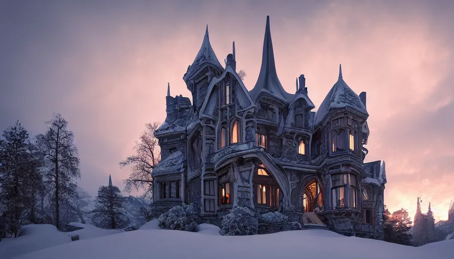 Prompt: wide angle of a Neo-Gothic manor built in the snow-caped mountains at sunset, volumetric light, hyperdetailed, artstation, cgsociety, 8k