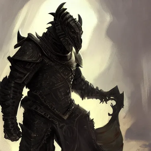 Image similar to digital art painting of a black dragonborn!!! wearing ( ( armored ) ) wizard robes!!!, dnd portrait painted by craig mullins and gaston bussiere and greg rutkowski