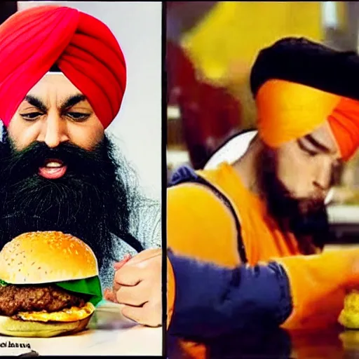 Prompt: sikh eating burger, still from dragonballz