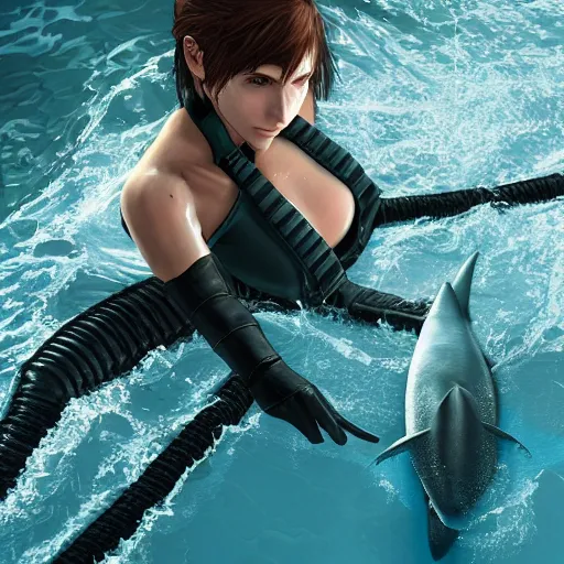 Prompt: quiet from metal gear solid v, swimming, wet, shark nearby