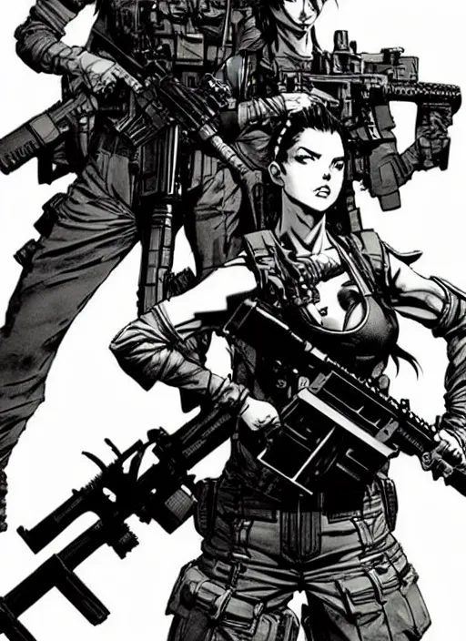 Prompt: beautiful woman holding two m 1 6 assault rifles, comic book art, by yoji shinkawa and takehiko inoue and kim jung gi, masterpiece, perfect