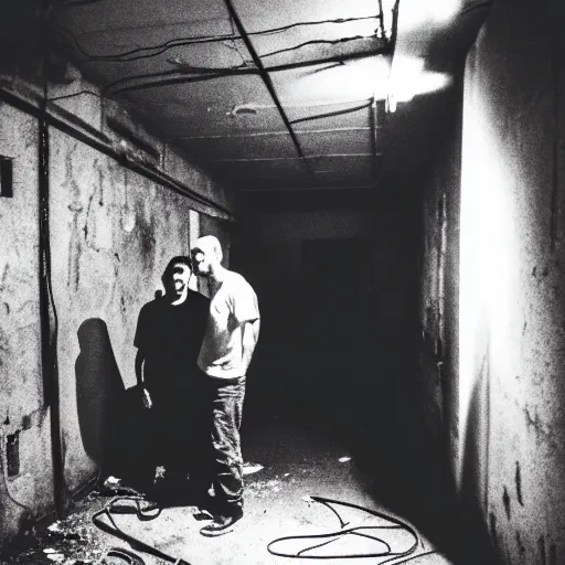 Prompt: two men in black, looking at a bright light in the dark grimy grungy basement of an abandoned apartment block, wires, cables, grainy black and white photography