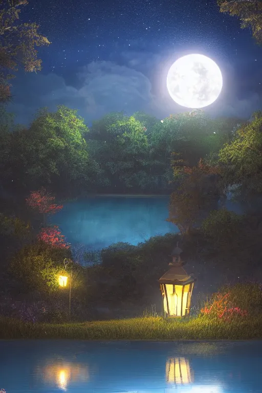 Prompt: a cute looks across at night, lantern light besides, photorealistic, dreamy moonlit nightscape by the garden, lake house, smooth, matte colors, trending on artstation, 4 k, 8 k