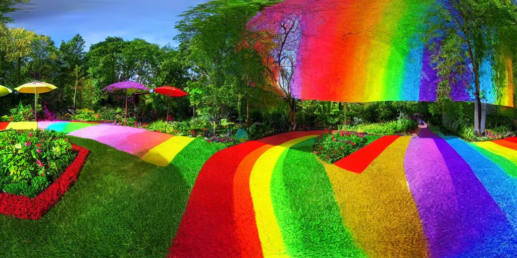 Image similar to equirectangular view of a rainbow garden