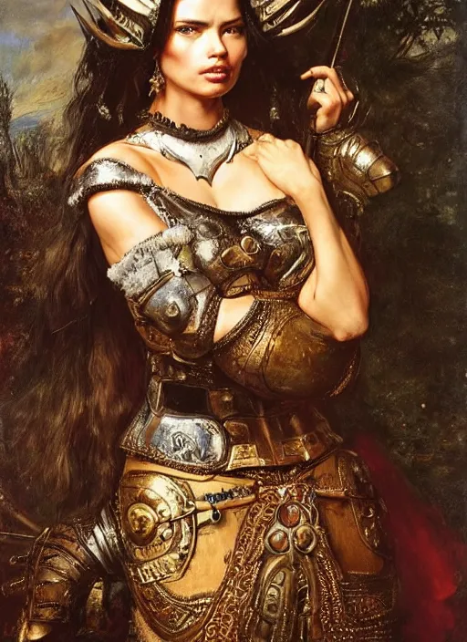 Prompt: a beautiful woman with horns and armor, victorian armor, adriana lima. by rembrandt 1 6 6 7, illustration, by konstantin razumov