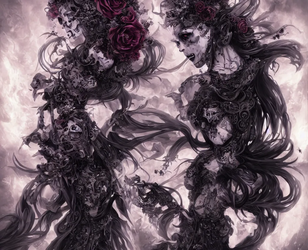 Image similar to a chaotic goddess of death skull black rose s day of the dead atmospheric, dramatic, concept art by a professional manga illustrator, Stanley Artgerm Lau, WLOP, Rossdraws, James Jean, Andrei Riabovitchev, Marc Simonetti, and Sakimichan hyperrealist, cinema4D, 8k highly detailed ❤️‍🔥 🔥 💀 🤖 🚀