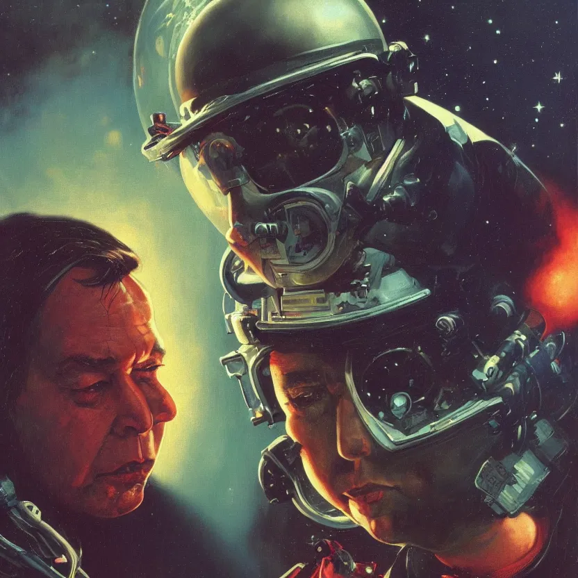 Prompt: a dark close - up portrait of retrofuturistic bill hicks in space. reflective detailed textures. soft gloomy dark background. highly detailed fantasy science fiction painting by moebius, norman rockwell, frank frazetta, and syd mead. rich colors, high contrast. artstation