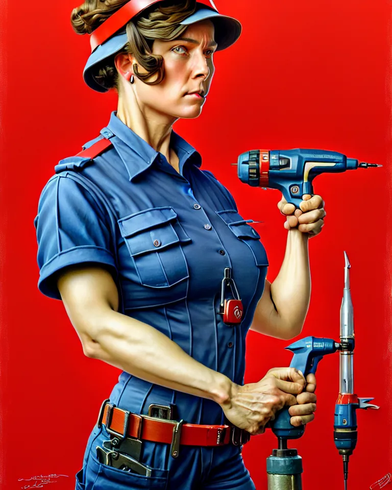 Image similar to epic portrait a slightly muscular woman wearing short sleeved uniform and carrying a red power tool drill, detailed, centered, digital painting, artstation, concept art, donato giancola, Joseph Christian Leyendecker, WLOP, Boris Vallejo, Breathtaking, 8k resolution, extremely detailed, beautiful, establishing shot, artistic, hyperrealistic, beautiful face, octane render