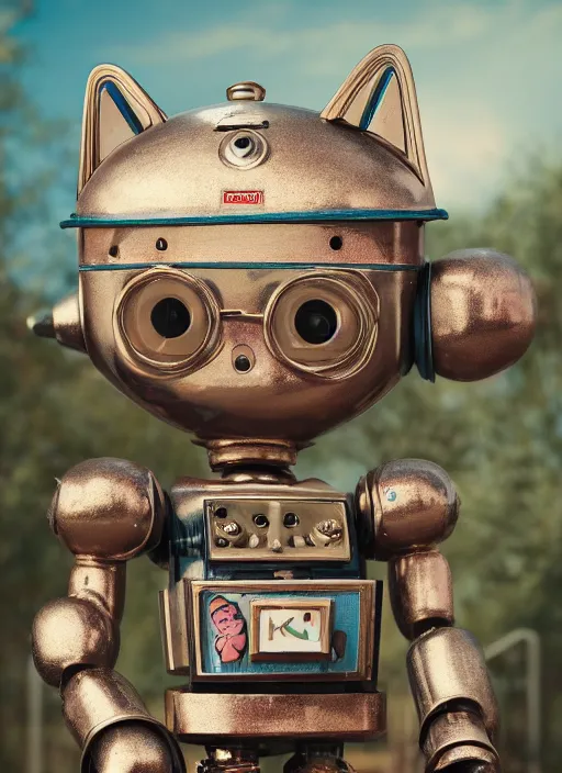 Prompt: closeup portrait of tin toy robot kitty trap, depth of field, zeiss lens, detailed, symmetrical, centered, fashion photoshoot, by nicoletta ceccoli, mark ryden, lostfish, breathtaking, 8 k resolution, extremely detailed, beautiful, establishing shot, artistic, hyperrealistic, octane render