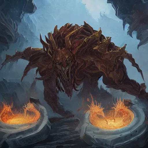 Prompt: hell cerberus, hell background, epic fantasy style, in the style of Greg Rutkowski, hearthstone artwork