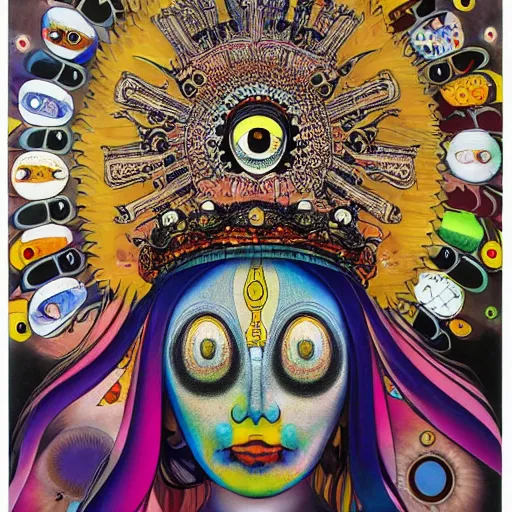 Image similar to the queen of the sun by takashi murakami and h.r. giger, full body, oil on canvas, intricately detailed artwork, full 8k high quality resolution, recently just found unknown masterpiece