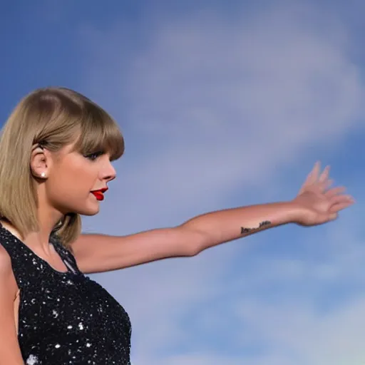 Image similar to Taylor swift piloting a big plane through a beautiful sky