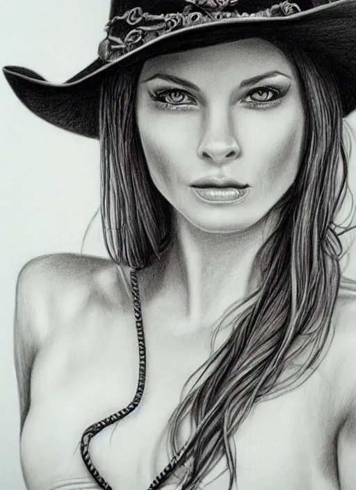 Image similar to 2 0 7 7 s style full body detailed pencil drawing of a cowgirl beautiful face, realistic