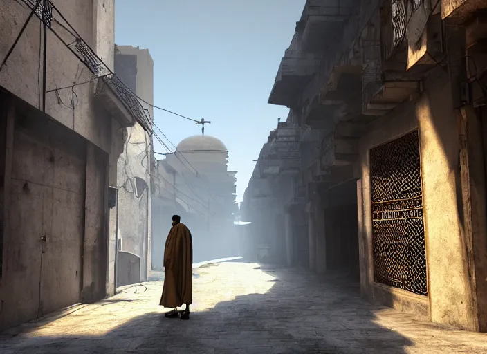 Image similar to old jeddah city alley, roshan, old shops, horse, magical gateway to another dimension, a man wearing a white robe standing watching over, sci - fi, dramatic lighting, dawn, by caspar david friedrich, unreal engine 5