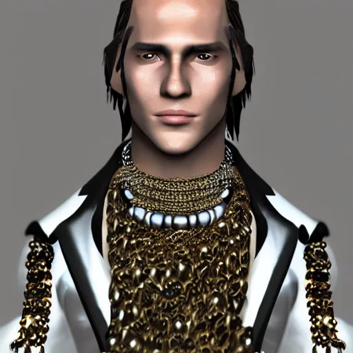 Prompt: a character model design of a handsome young man wearing excessive jewelry in a tasteful way