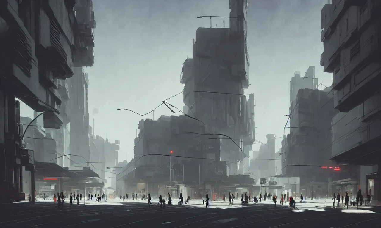 Image similar to simple streetscape, brutalist architecture, white neon lighting, flying vehicles, pedestrians walking, greg rutkowski, syd mead, ralph mcquarrie, concept art, matte painting, highly detailed, rule of thirds, dynamic lighting, cinematic, detailed, denoised, centered