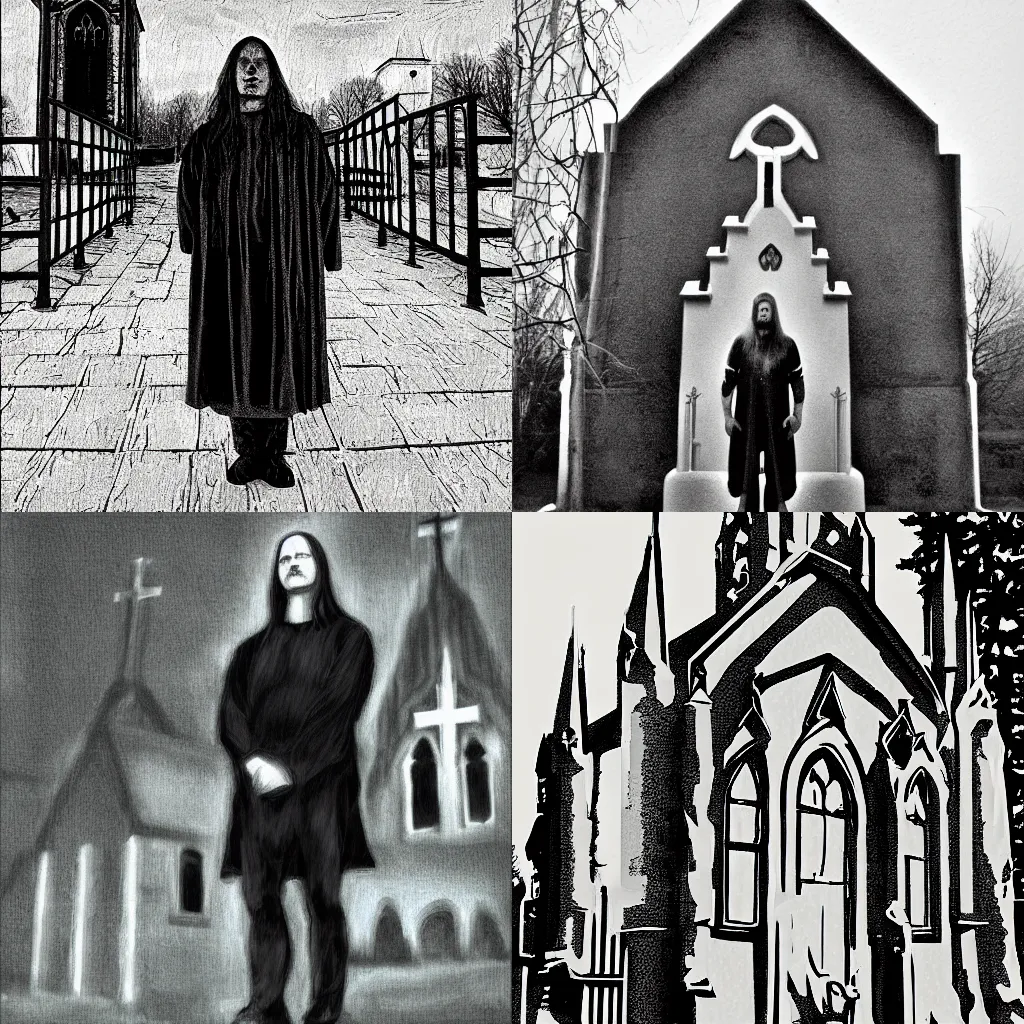 Prompt: Euronymous standing near the church, digital art