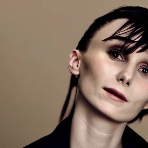 Image similar to A photorealistic portrait of the actress rooney mara, subtle smile, from the shoulders up, 4k, photorealist, DSLR photograph