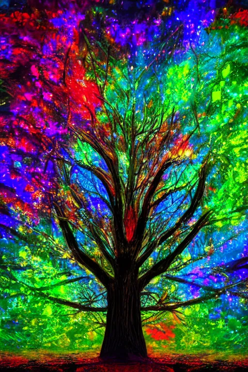 Image similar to a painting of a tree with colorful lights, digital art by art green, shutterstock contest winner, psychedelic art, fractalism, mystical, tesseract