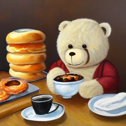 Prompt: cute fluffy teddy bear eating bagels, lox, and eggs for breakfast, detailed painting 4 k