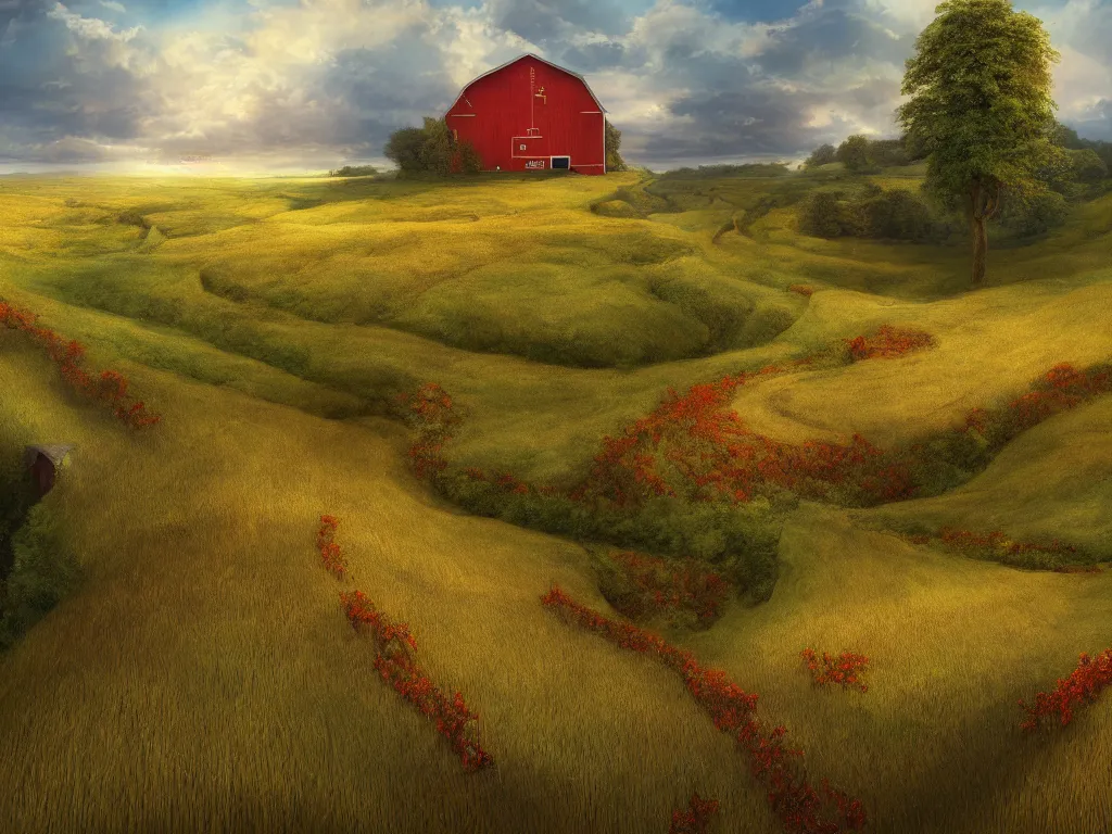 Image similar to Intricate detailed lush ravine with a single isolated red barn next to a wheat crop at noon. Wide angle shot, surreal, dreamlike, Artstation, Thomas Chamberlain-Keen