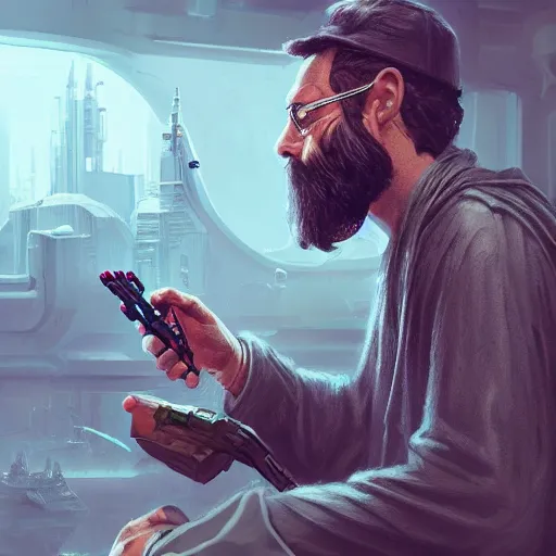 Image similar to Ultrarealistic illustration bearded jedi working on legos, cyberpunk, sci-fi fantasy,intricate,elegant,highly detailed, digital painting, artstation, concept art