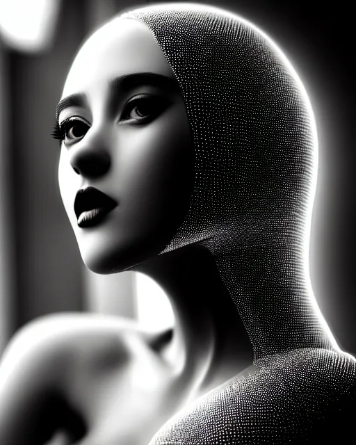 Image similar to black and white dreamy young beautiful female artificial intelligence, metropolis, cinematic, rim light, bokeh, photo - realistic, elegant, high detail, 8 k, masterpiece, photo taken in 1 9 3 0