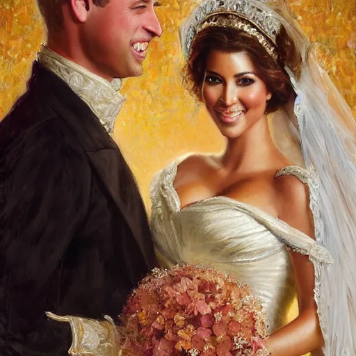 Prompt: detailed painting of prince william marrying attractive kim kardashian, highly detailed painting by gaston bussiere, craig mullins, j. c. leyendecker 8 k, smiling couple, royal painting