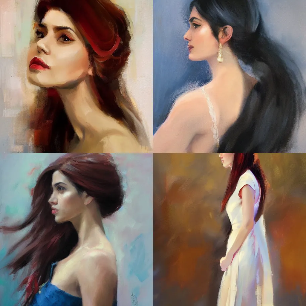 Prompt: girl with long hair, profile, silk dress, by suchitra bhosle
