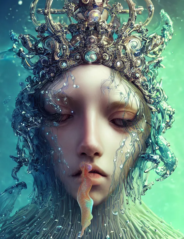 Image similar to goddess macro close - up portrait wigh crown made of ram skull. betta fish, jellyfish phoenix, bioluminiscent, plasma, ice, water, wind, creature, super intricate ornaments artwork by tooth wu and wlop and beeple and greg rutkowski