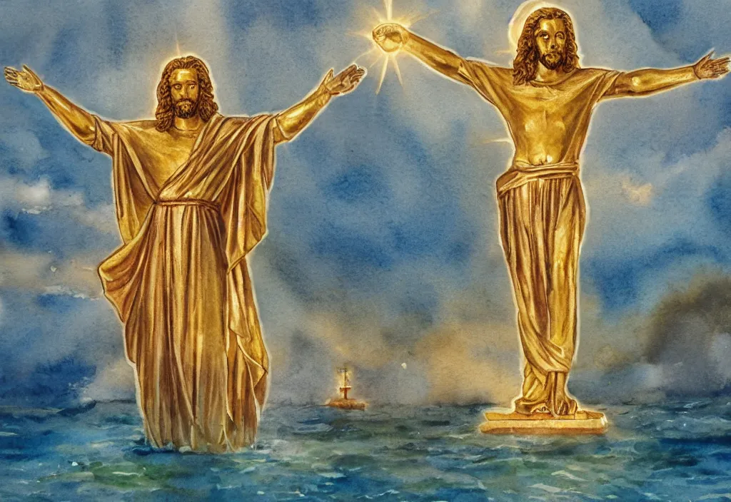 Image similar to a watercolor painting of a golden statue of jesus in the middle of an ocean with a beam illuminating it, detailed