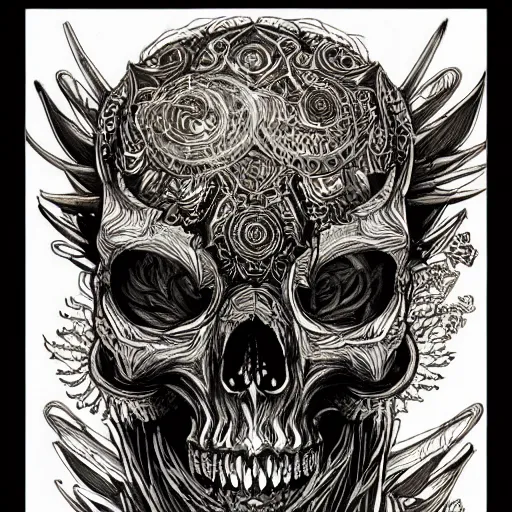 Prompt: illuminated, intricate, vibrant, accurate reference, black inks, portrait concept illustration ivalice yasumi matsuno, toshiyuki itahana, akihiko yoshida, final fantasy 1 2 final fantasy tactics artwork. psychedelic decomposing demon skull