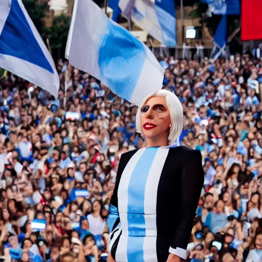 Image similar to Lady Gaga as president, Argentina presidential rally, Argentine flags behind, bokeh, giving a speech, detailed face, Argentina