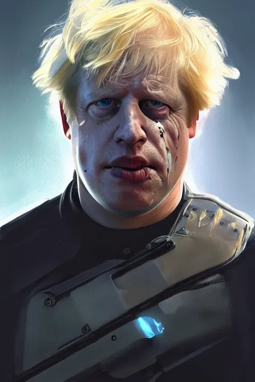 Image similar to Boris Johnson as Terminator, Boris Johnson hairstyle, full body realistic portrait, highly detailed, digital painting, artstation, concept art, smooth, sharp focus, illustration, cinematic lighting, art by artgerm and greg rutkowski and alphonse mucha