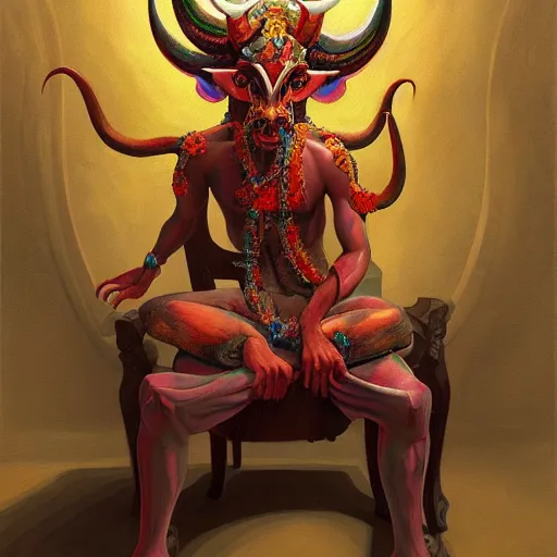 Image similar to a beautiful painting of a demon sitting on top of a chair, a high detailed painting by ram chandra shukla, by ali akbar sadeghi, pixiv contest winner, bengal school of art, symmetrical, coherent, maximalist, trending on artstation