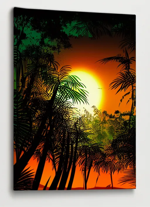 Prompt: Jungle sunset, by Petros Afshar, canvas