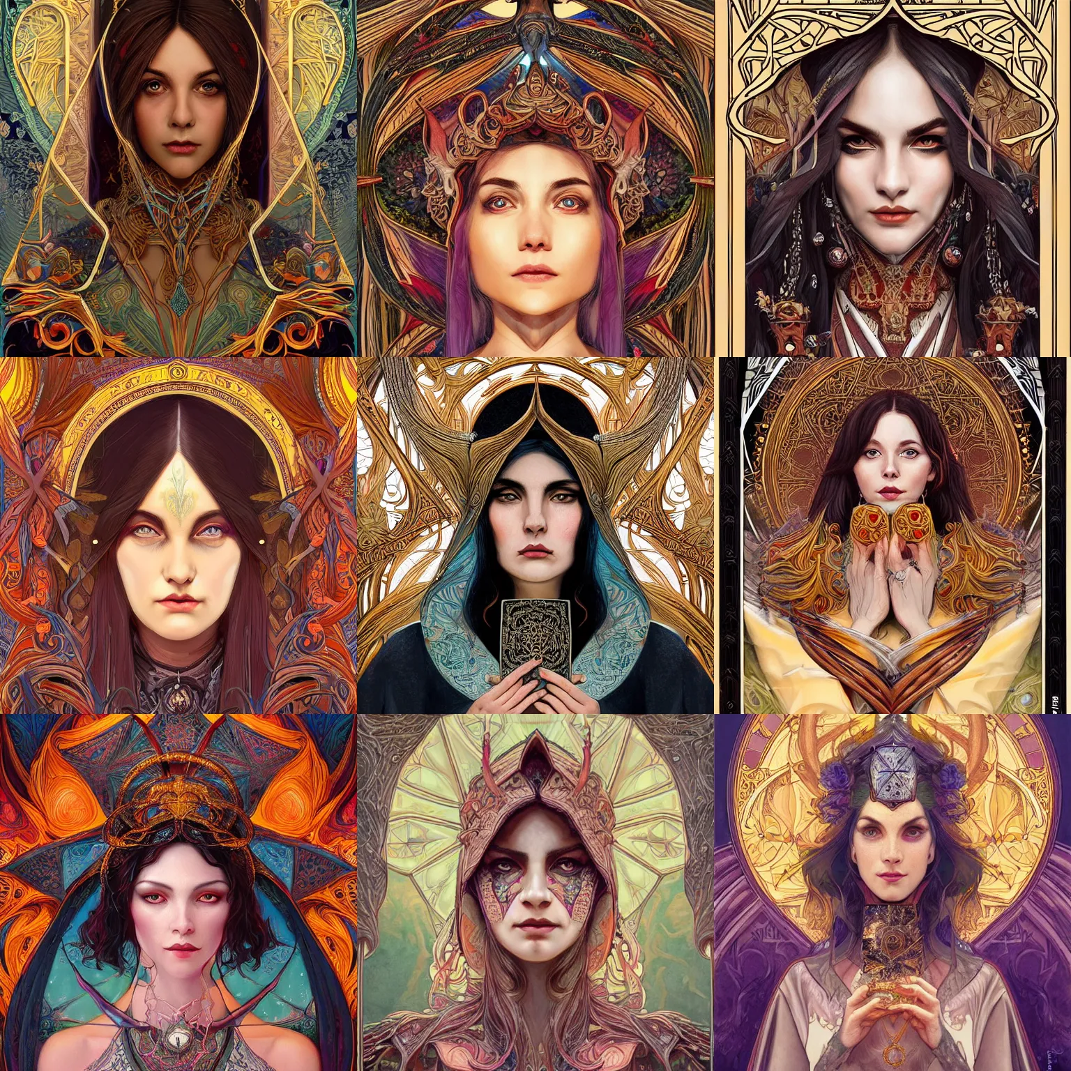 Prompt: head-on symmetrical centered painted portrait, Dorra Zarrouk as a D&D wizard, ornate robes, art nouveau, tarot card style, fantasy, intricate, elegant, highly detailed, smooth, sharp focus, illustration, artstation, in the style of Artgerm and Anna Podedworna and Alex Ross and Mucha