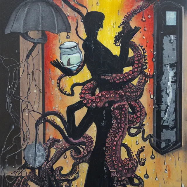 Image similar to a portrait in a dark laneway, a woman holding pancakes, streetlamps, rain, berries dripping, scientific instruments, ikebana, octopus, neo - expressionism, surrealism, acrylic and spray paint and oilstick on canvas