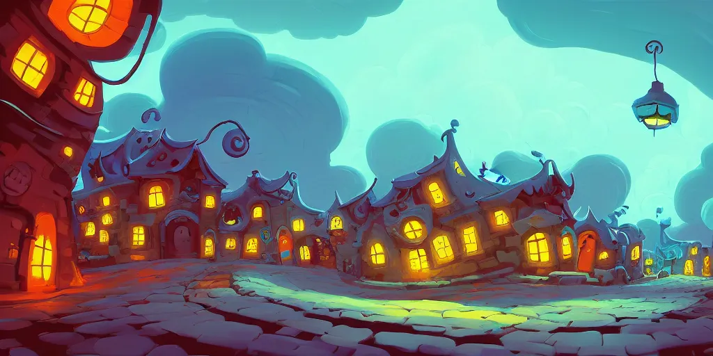 Image similar to curved!!!!!!!!!!! perspective digital art of curvy clouds in a small village with a cobblestone street by anton fadeev from nightmare before christmas