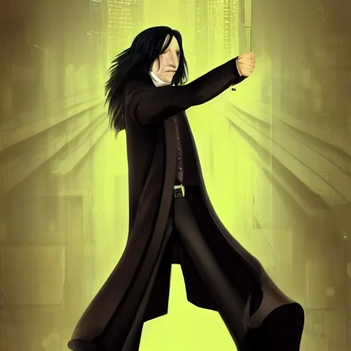 Prompt: Severus Snape is dancing in a bar, realistic, digital painting, artstation, cyberpunk