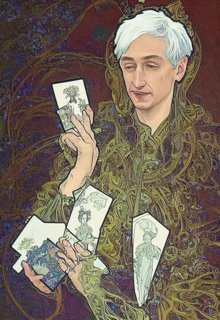 Image similar to realistic white - haired geoffrey hinton in a crown with neural networks on a tarot card, tarot in art style by alphonse mucha