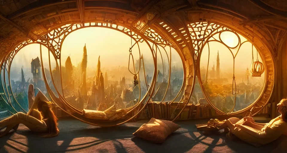 Image similar to A scene from a 2022 fantasy film featuring a cozy art nouveau reading nook inside a fantasy treehouse city. Suspended walkways. Disorganized ancient books. Golden Hour. 8K UHD.