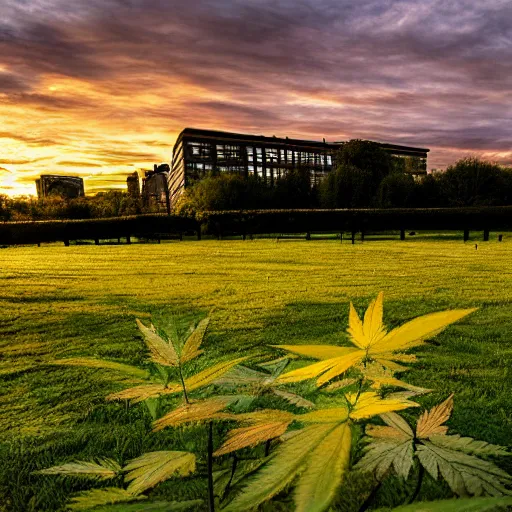 Prompt: university of Leeds, impressionist painting, weed leaves as clouds in sky, dramatic sunset lighting